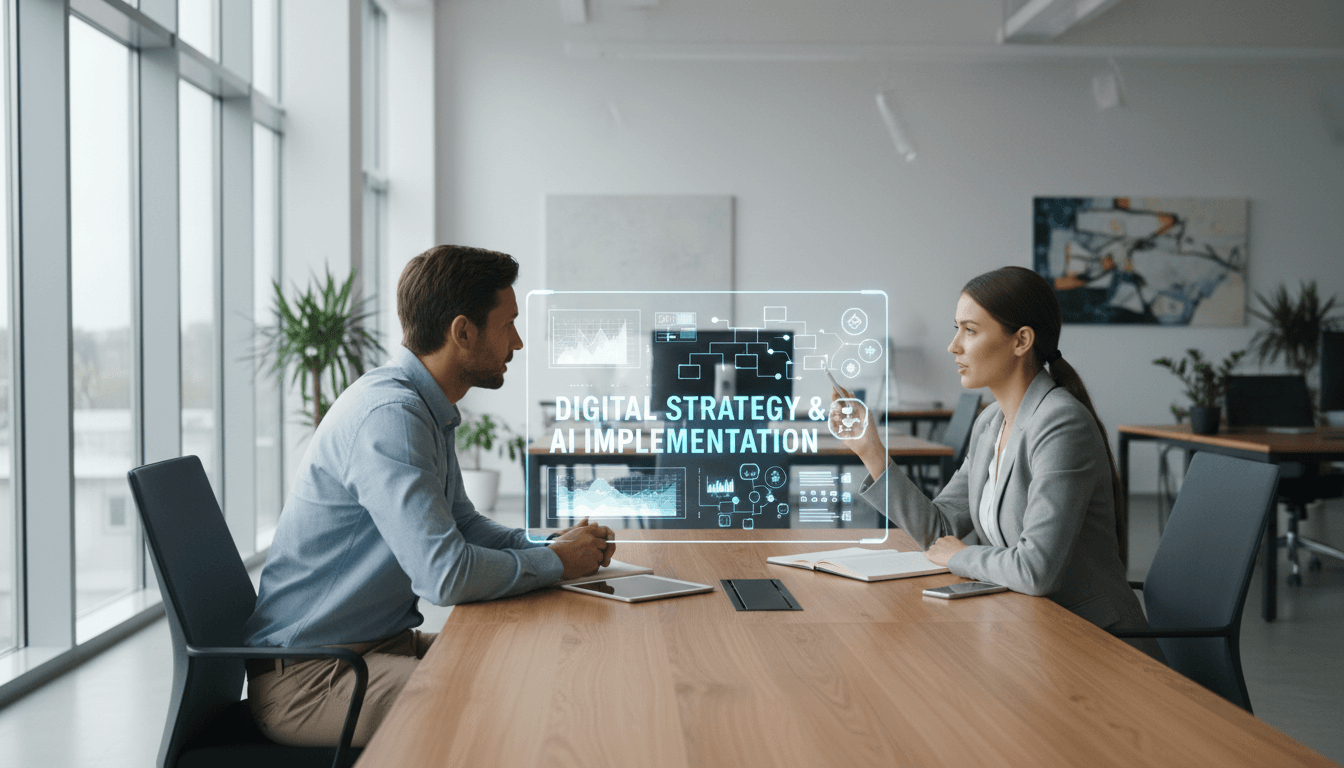 AI consultant collaborating with business client on digital transformation strategy