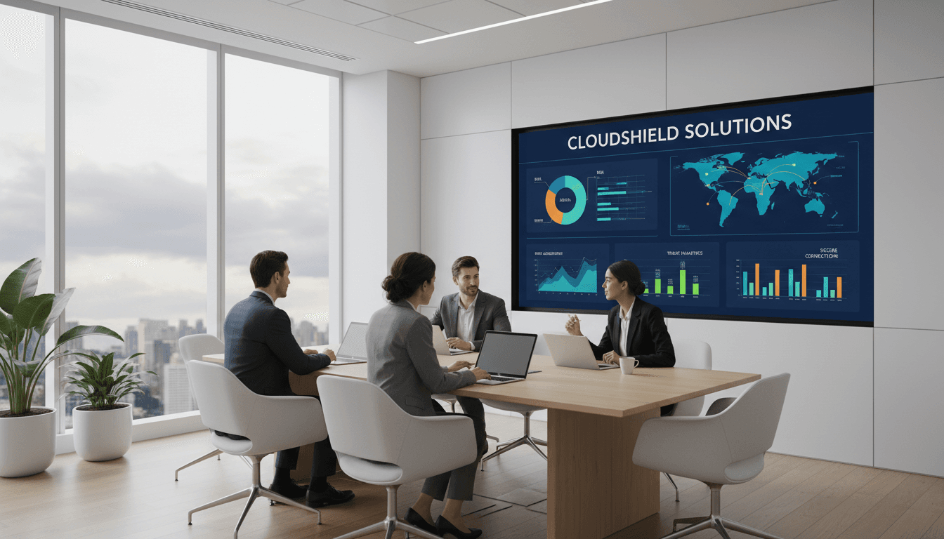 Modern office setting with AI and data visualization technology displayed on screen